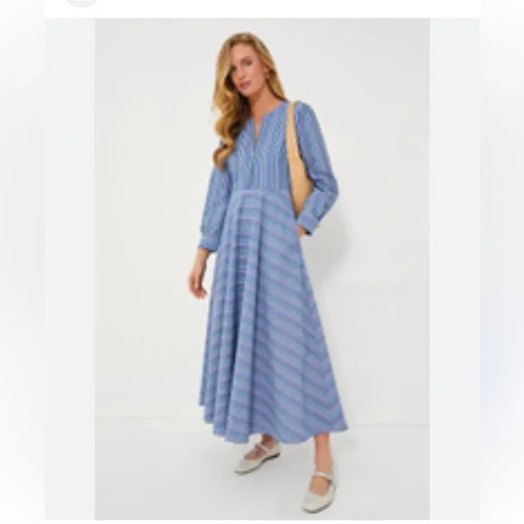 Tuckernuck striped maxi blue cotton & linen dress medium with pockets - Picture 2 of 7